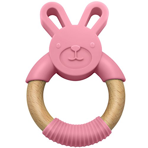 LittleFoot Nation Organic & Natural Bunny Rabbit Baby Teether Ring, 100% BPA Free Pure Food Grade Silicone & Beech Wood, Teething Pain Relief Toy for Toddlers & Infants (Pink)