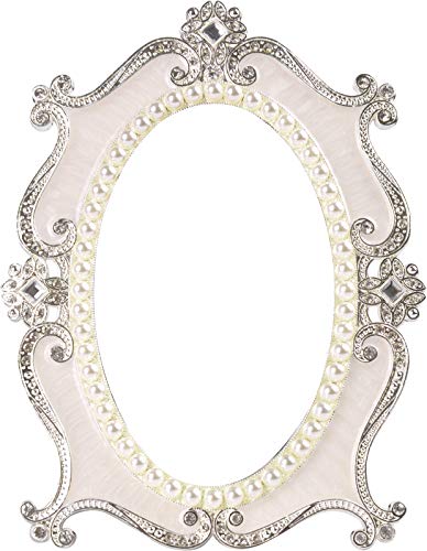 Nerien Makeup Mirror Rotation Tabletop Vanity Mirror Cosmetic Desktop Mirror with Stand Pearl Floral Frame Metal Vintage Oval Mirrors Desk Countertop Dressing for Home Bedroom Decorative White-M