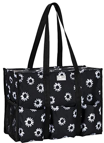 Pursetti Utility Tote with Pockets & Compartments-Perfect Nurse Tote Bag, Teacher Bag, Work Bags for Women & Craft Tote(Black Daisy_Large)