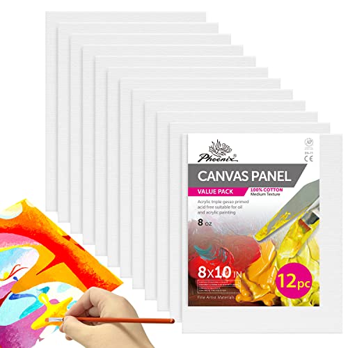 PHOENIX Painting Canvas Panels 8×10 Inch, 12 Value Pack – 8 Oz Triple Primed 100% Cotton Acid Free Canvases for Painting, White Blank Flat Canvas Boards for Acrylic, Oil, Watercolor & Tempera Paints