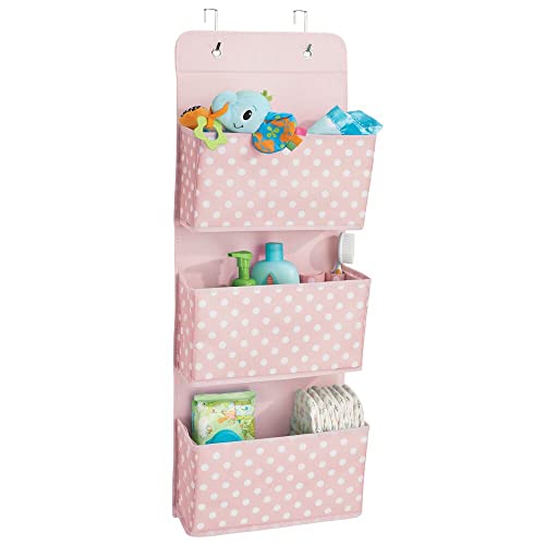 mDesign Fabric Hanging Organizers for Over the Door Storage In Bedroom or Hallway Closets – 3 Pocket Organizer Caddy with Hooks for Linens, Clothing and Accessories – Polka Dot – Pink/White