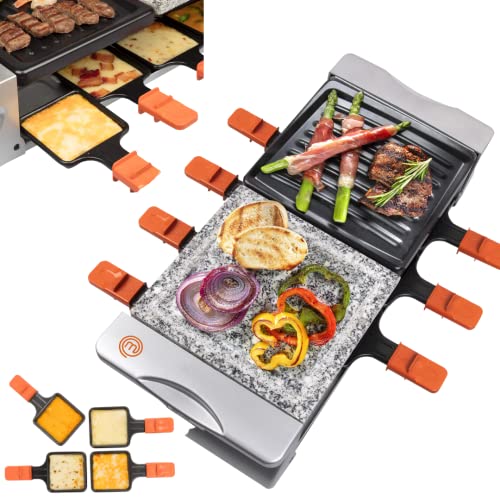 MasterChef Dual Raclette Table Grill w Non-Stick Grilling Plate & Cooking Stone- 8 Person Electric Tabletop Cooker for Korean BBQ- Melt Cheese, Cook Meat & Veggies at Once-(19″ x 8″) Gift, Summer Pary