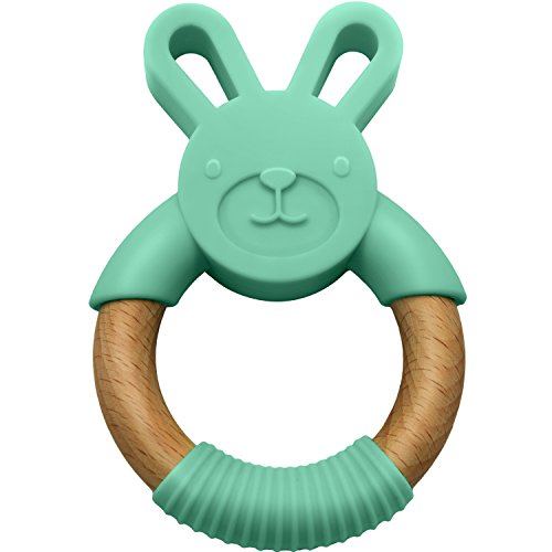 LittleFoot Nation Organic & Natural Bunny Rabbit Baby Teether Ring, 100% BPA Free Pure Food Grade Silicone & Beech Wood, Teething Pain Relief Toy for Toddlers & Infants (Green)