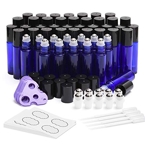ULG Essential Oil Roller Bottles 8 Pack 10ml Cobalt Blue Glass Empty Refillable Perfume Roll on Bottles with Stainless Steel Roller Balls for Travel (2 Extra Balls, 8 Labels, 1 Opener, 1 Dropper)