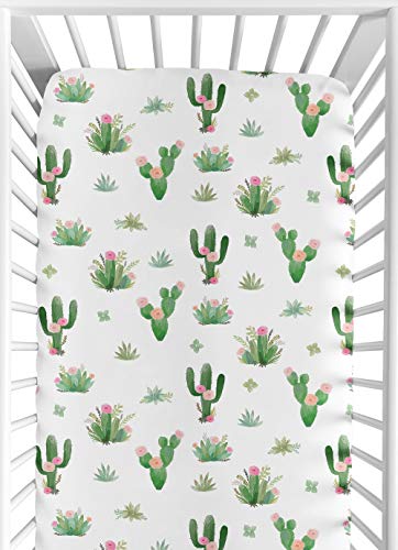 Pink Green Boho Watercolor Baby or Toddler Fitted Crib Sheet for Cactus Floral Collection by Sweet Jojo Designs
