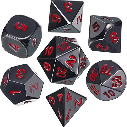 Zinc Alloy Metal Polyhedral 7-Die Dice Set for Dungeons and Dragons RPG Dice Gaming D&D Math Teaching, d20, d12, 2 Pieces d10 (00-90 and 0-9), d8, d6 and d4 (Black and Red)