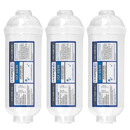 Hydronix HX-ICF-6Q38/3 Inline Post Reverse Osmosis, Fridge & Ice Coconut Gac Water Filter 2 x 6, 1000 Gal, 3/8 inch Qc – 3 Pack, White