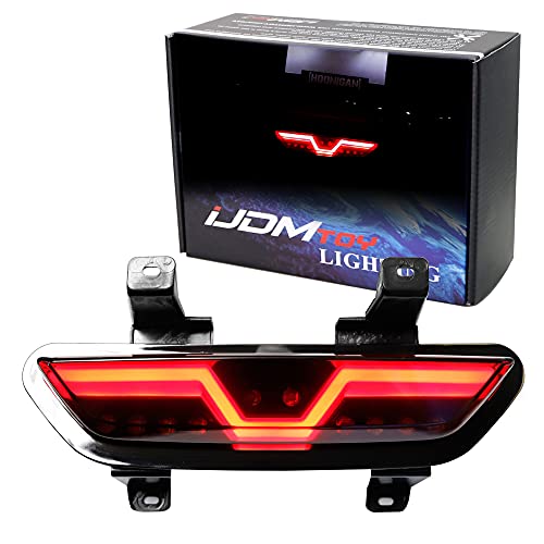 iJDMTOY Smoked Lens LED Rear Foglamp Compatible With 2015-2017 Ford Mustang, Full Red LED Tail Light Assembly Functions as Reverse Light & Rear Fog Light