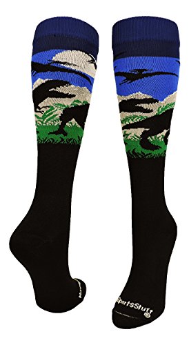 MadSportsStuff Wild T-Rex Dinosaur Socks over the calf (Dark Royal, Small)