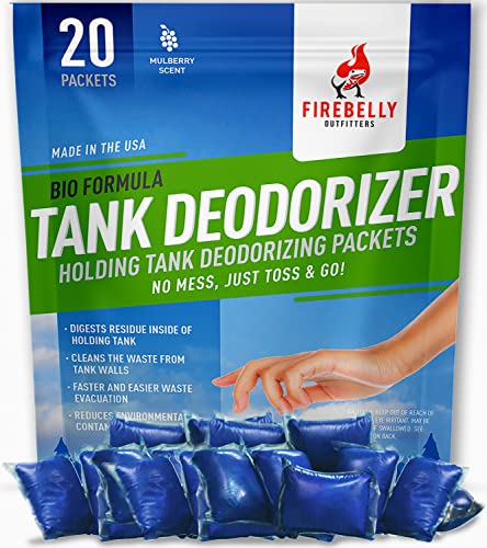 RV Holding Tank Deodorizer + Septic Tank Treatment + Cleaner – 20 Packets, Mulberry – Sewer Solution, Marine Camper Portable Toilet Chemicals, Odor Eliminator, Formaldehyde Free, USA
