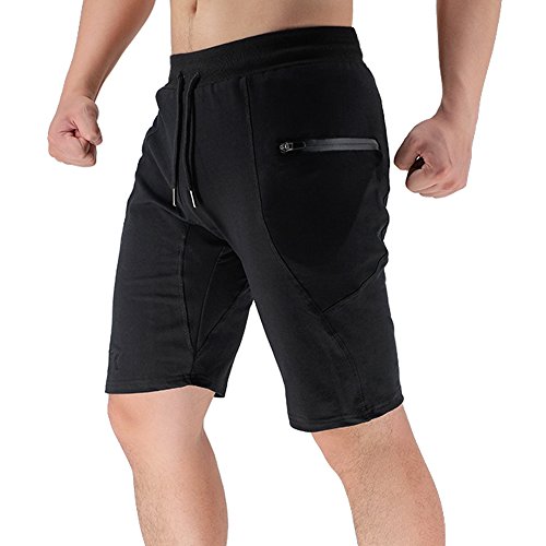 BROKIG Men’s Sidelock Gym Workout Running Sport Shorts with Zipper Pockets (Medium, Black)