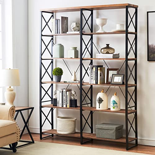 O&K FURNITURE Double Wide 6-Shelf Bookcase, 80.7” Industrial Large Open Metal Bookcases Furniture, Etagere Bookshelf for Home & Office, Vintage Brown