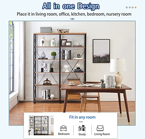 O&K FURNITURE Double Wide 6-Shelf Bookcase, 80.7” Industrial Large Open Metal Bookcases Furniture, Etagere Bookshelf for Home & Office, Vintage Brown | The Storepaperoomates Retail Market - Fast Affordable Shopping