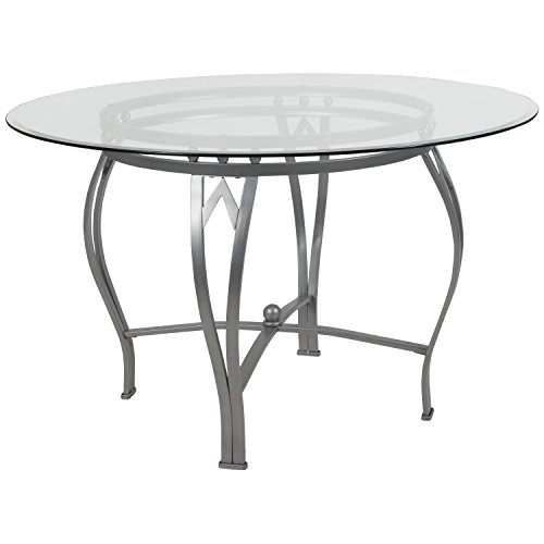 Flash Furniture Syracuse Round Glass Dining Table with Metal Frame, 48”, Silver