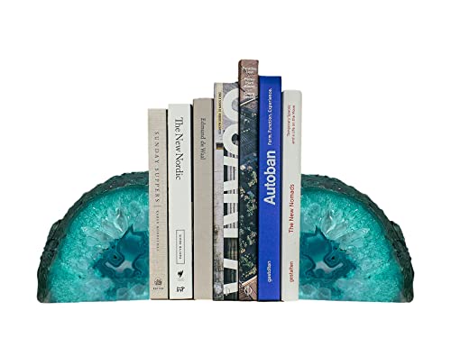 AMOYSTONE 1Pair Decorative Bookends Teal Green Agate Book End 2-3 LBS Crystal Geode Books Stopper for Shelves with Anti-Slip Rubber Bumpers, Holder Small Books