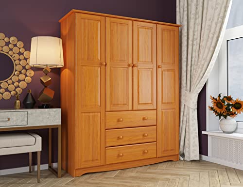 Palace Imports 100% Solid Wood Family Wardrobe/Armoire/Closet, Honey Pine. 3 Clothing Rods Included. NO Shelves Included. Optional Shelves Sold Separately. 60.25″ w x 72″ h x 20.75″ d