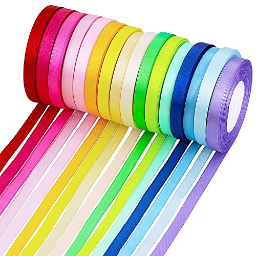 Supla 16 Colors 400 Yard Fabric Ribbon Silk Satin Roll Satin Ribbon Rolls in 2/5″ Wide, 25 Yard/roll,16 Rolls,Satin Ribbon Fabric Ribbon Embellish Ribbon Ribbon for Bows Crafts Gifts Party Wedding