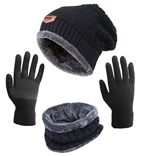 Winter Hat Scarf Gloves Slouchy Beanie Snow Knit Skull Cap Touch Screen Mittens Circle Scarves for Women Black