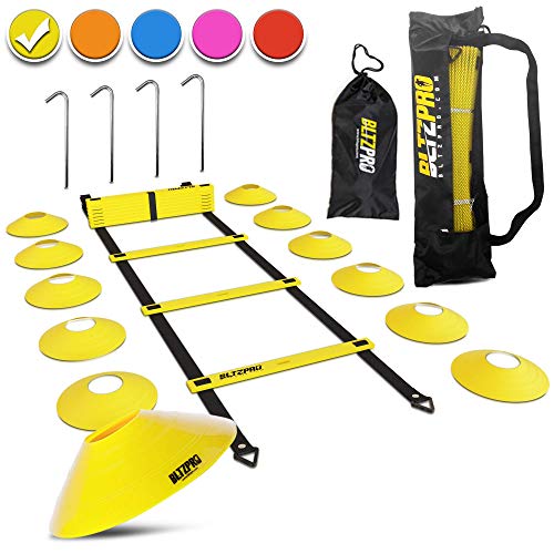 Bltzpro Football & Soccer Training Equipment – 12 Cones & 20 ft Agility Ladder speed Practice kit for Kids and coaches – Conditioning & footwork workout gear -With 2 Bags & Agility Drills eBook-YELLOW