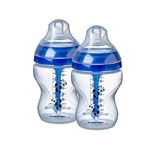 Tommee Tippee Anti-Colic Baby Bottles, Slow Flow Breast-Like Nipple and Unique Anti-Colic Venting System, 9oz, 2 Count, Blue Pandas