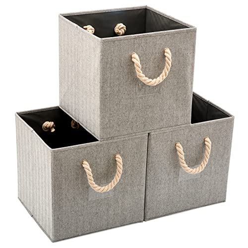 EZOWare Set of 3 Storage Baskets Cubes Bins with Cotton Rope Handle, Collapsible Boxes Organizer Container – Gray for Nursery toys Household items -13inch