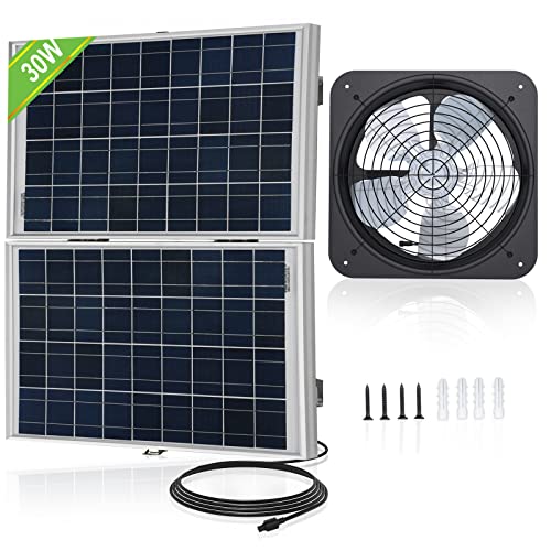 Pumplus 30 Watt Solar Fan kit, 30W Foldable Solar Panel & 14″ 25W Steel DC Fan with Anti-Rust Paint for Attic/Greenhouse/Shed/Barn