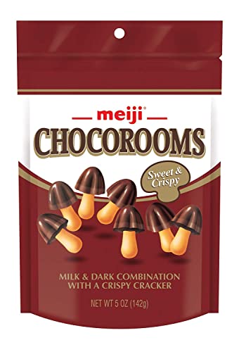 Meiji Chocorooms Crispy Crackers, Milk and Dark Chocolate Combination – 5 oz, Pack of 12 – Bite Sized Crackers in Fun Mushroom Shapes