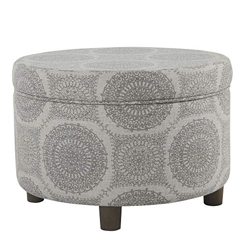 Homepop Home Decor | Upholstered Round Storage Ottoman | Ottoman with Storage for Living Room & Bedroom (Grey Medallion) 24.0 In. X 24.0 In. X 17.0 In.