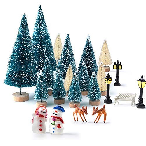 KUUQA Mini Assorted Pine Trees Bottle Brush Trees with Snowmen, Reindeer, Mini Garden Wooden Bench, Street Lamps Miniature Ornaments for Christmas Village Decoration Ornaments Winter Decor(Set of 31)