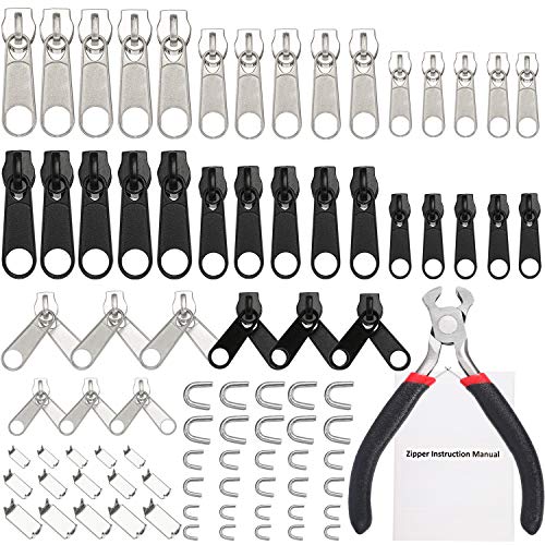 85 Pieces Zipper Repair Kit Zipper Replacement Zipper with Instruction Manual and Zipper Install Pliers Tool for Sewing Luggage Jackets Coat Jeans, Black and Silver