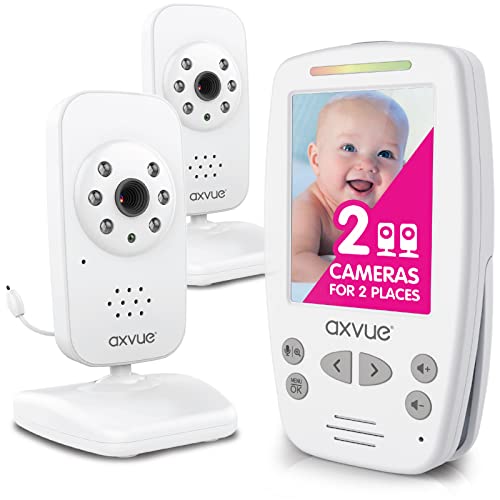 Axvue Video Baby Monitor, Slim Handheld, Non-Slip Design, 2.8″ Vertical Screen Monitor & 2 Camera, Range up to 1000ft, 12 Hour Battery Life, 2-Way Talk, Night Vision, Temperature Monitor, No WiFi.