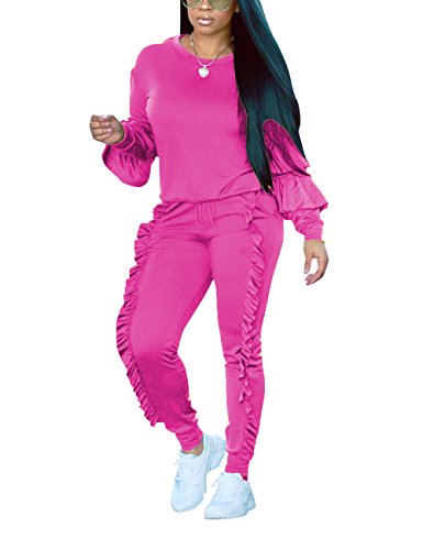 Akmipoem Two Piece Outfit Bubble Satin Ruffle Sport Suit Sweatshirt and Sweatpants for Junior Rose L