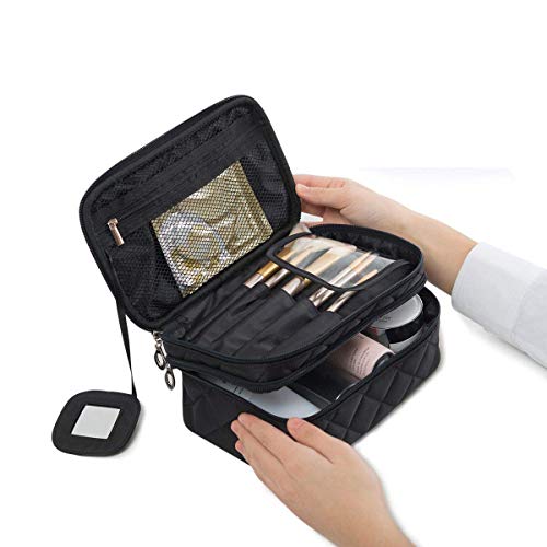 Portable Makeup Bag, WuHua Double Layer Cosmetic/Toiletry Brush Bag for Women, with Mirror Travel/Train Kit Organizer, Professional Makeup Pouch Purse for Travel Home
