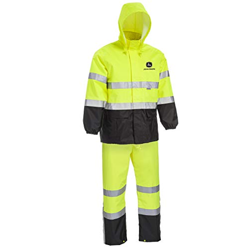 John Deere Unisex High Visability ANSI Class III Rain Suit Jacket and Bib with Color Block, High Visability, Water Resistant, and Reflective 3M Tape, Yellow, Black, X-Large (JD44530/XL)