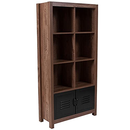 Flash Furniture New Lancaster Collection 59.5″H 6 Cube Storage Organizer Bookcase with Metal Cabinet Doors in Crosscut Oak Wood Grain Finish
