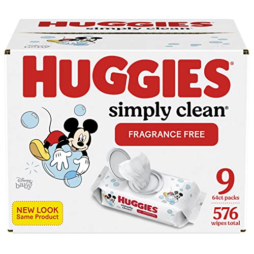 Huggies Simply Clean Unscented Baby Wipes, 9 Flip-Top Packs (576 Wipes Total),64 Count (Pack of 9)