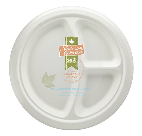 Nicole Home Collection Eco-Friendly 100% Compostable Sugarcane/Bagasse Heavy Duty Plates, 10 Inch, 3-Compartment Round Plate, 50 Count