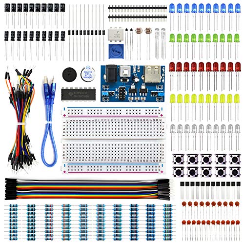 REXQualis Electronics Basic Kit w/Power Supply Module, Breadboard, Jumper Wire, LED,Resistor, comes with more than 300pcs sensors and components for fun and simple electronic projects.