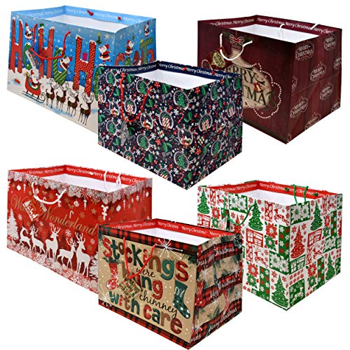 12 Jumbo Christmas Tote Bags with Handles 15″ Wide X 11″ High X 11″ Deep Extra Wide Large Giant Reusable Holiday Grocery Shopping Paper Gift Bags Big Gusset for Food Cookie Container and Foil Tin Pan
