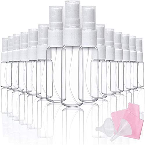 AGEOMET 20 pcs 10ml/20ml Mini Spray Bottle Mist Plastic Spray Bottles with 2 Funnels and 1 Cleaning Cloth for Essential Oils Makeup and Perfume