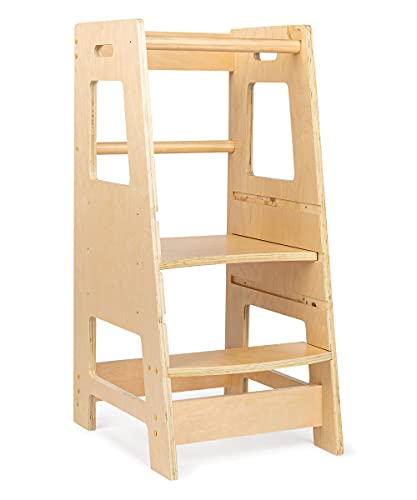 KidzWerks Child Standing Tower, Wood Step Stools for Kids, Toddler Step Stool for Kitchen Counter, The Original Kitchen Stepping Stool, Adjustable Platform, Natural Wood