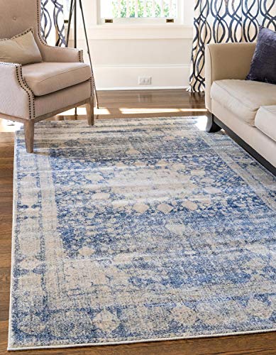 Unique Loom Asheville Collection Traditional, Vintage, Distressed, Medallion, Farmhouse, Border Area Rug, 4′ 0″ x 6′ 0″, Navy Blue/Beige