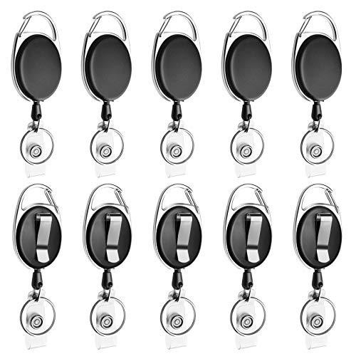 Retractable Badge Reel with Carabiner Belt Clip and Key Ring for ID Card Key Keychain Badge Holder Black 10 Pack by NATUREBELLE