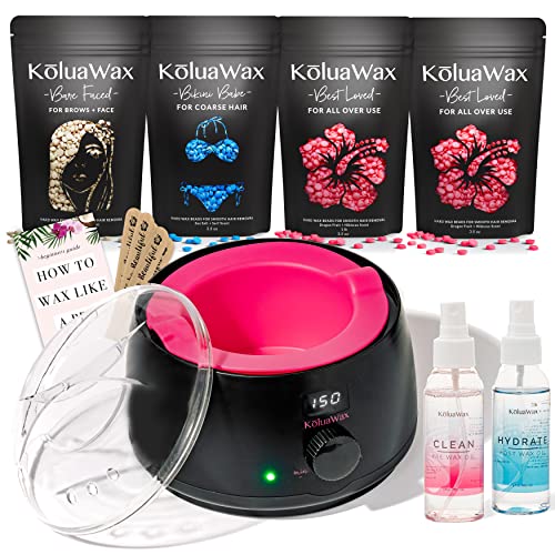 KoluaWax Premium Waxing Kit for Women – Hot Melt Wax Warmer for Hair Removal, Eyebrow, Bikini, Legs, Face, Brazilian Wax & More – Machine + 4-Pack Hard Wax Beads + Accessories, Black