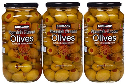 Kirkland Signature Spanish Queen Olives Stuffed With Minced Pimiento, 21oz Glass Jar (Pack of 3, Total of 63 Oz)