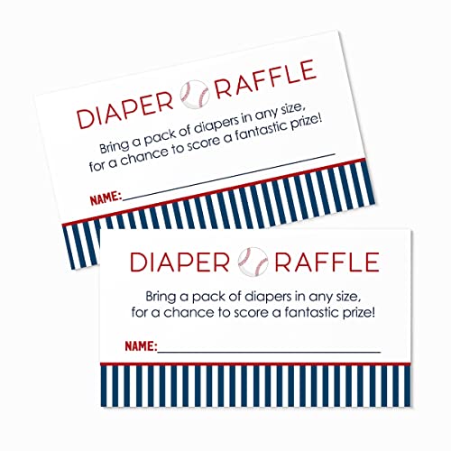 Baseball Baby Shower Diaper Raffle Tickets (25 Pack) Gender Reveal Party Activity for Drawings Prizes – Sports Invitation Insert – Boy or Girl Theme Red and Blue – 2×3.5 Printed Card Set