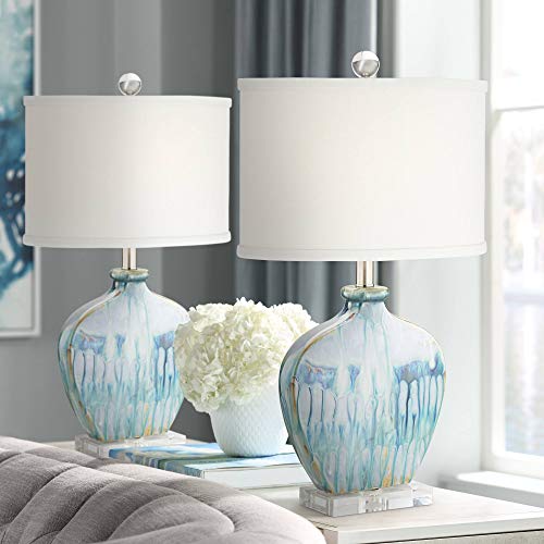 Possini Euro Design Mia Coastal Modern Style Table Lamps 25″ High Set of 2 Ceramic Blue Drip Off White Shade Decor for Living Room Bedroom Beach House Bedside Nightstand (Colors May Vary)