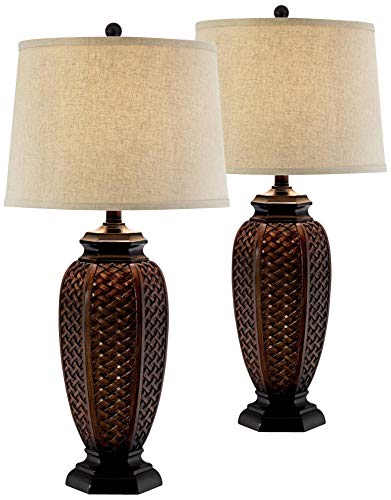 Regency Hill Tropical Jar Style Table Lamps 29″ Tall Set of 2 Weathered Brown Woven Wicker Beige Linen Fabric Drum Shade Decor for Living Room Bedroom House Bedside Nightstand Home Office