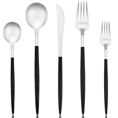 Black Flatware Set, Luxury 20 Pieces 18/10 Stainless Steel Steak Knife and Spoon Fork Silverware Set, Service for 4 (6 sets, Matte Black and Gold Flatware set)