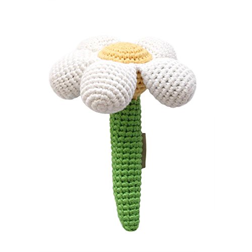 Cheengoo Sustainable Organic Bamboo Hand Crocheted Stick Rattle – White Daisy Flower